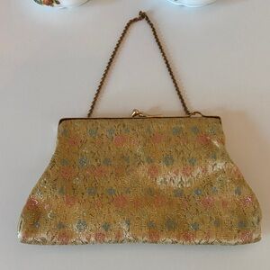 Vintage evening purse wristlet brocade texture gold pink